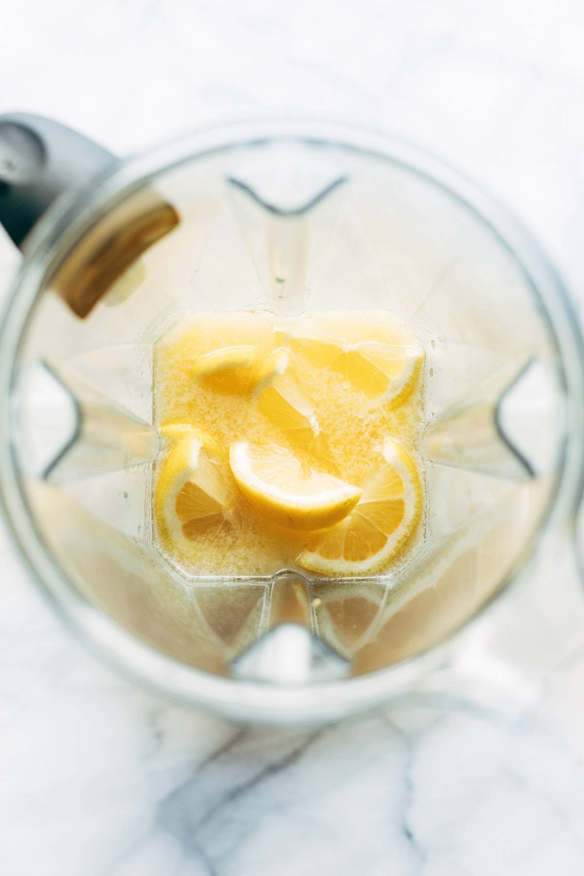 Ingredients in blender for blender lemon pie.