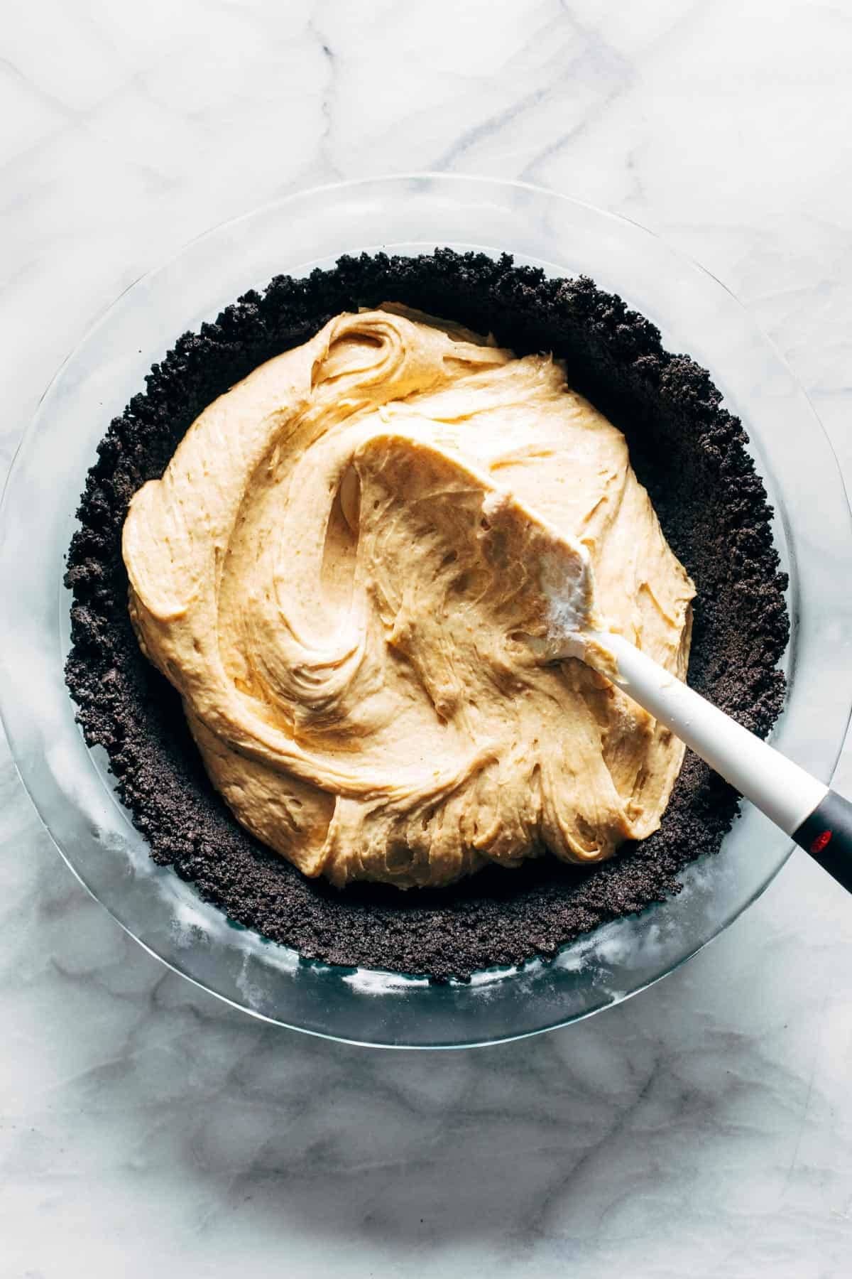 Peanut butter filling in a pie crust.