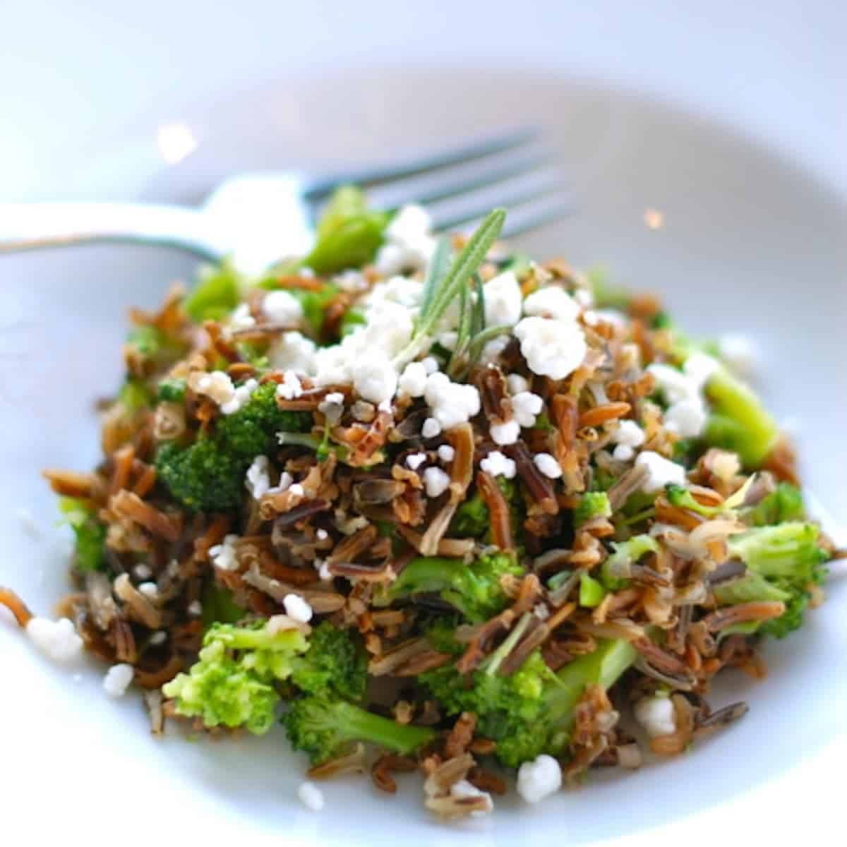 Rosemary goat cheese wild rice on a plate with a fork.
